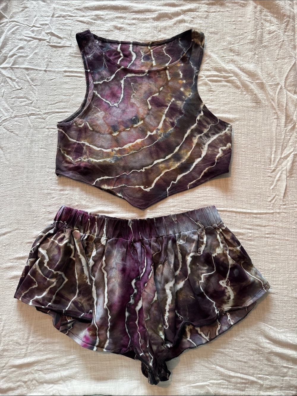 Hand dyed Tie-Dye Purple High-Neck Crop Top & Shorts Set - Women